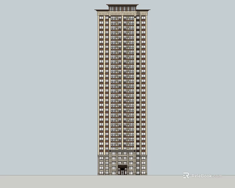 Tall Modern High Rise Building Facade With Regular Windows Decorative Top And Base 3d model