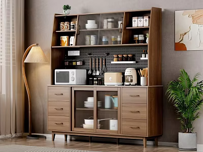 Modern Wooden Sideboard With Open Shelves Drawers And Cabinets Holding Tableware Coffee Maker And Microwave 3d model