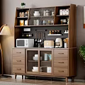 Modern Wooden Sideboard With Open Shelves Drawers And Cabinets Holding Tableware Coffee Maker And Microwave