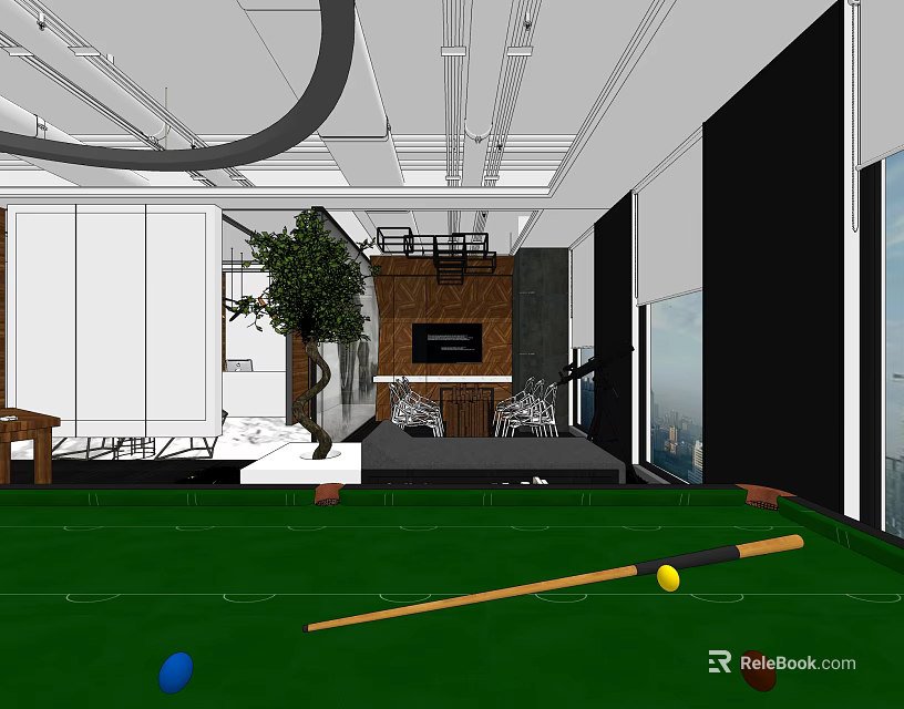 Modern Leisure Area With Billiard Table Comfy Sofa Green Plant And Floor to Ceiling Windows 3d model 
