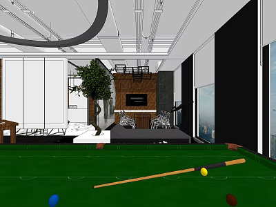 Modern Leisure Area With Billiard Table Comfy Sofa Green Plant And Floor to Ceiling Windows 3d model