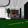 Modern Leisure Area With Billiard Table Comfy Sofa Green Plant And Floor to Ceiling Windows