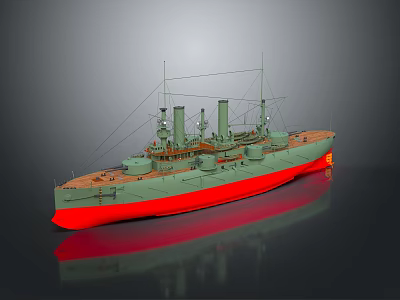Detailed Vintage Warship Model With Green Upper Hull Red Bottom Tall Masts And Chimneys 3d model