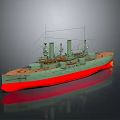 Detailed Vintage Warship Model With Green Upper Hull Red Bottom Tall Masts And Chimneys