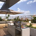 Modern Garden Landscape on Terrace with Umbrella Plants Bench Grill Station and Wooden Flooring