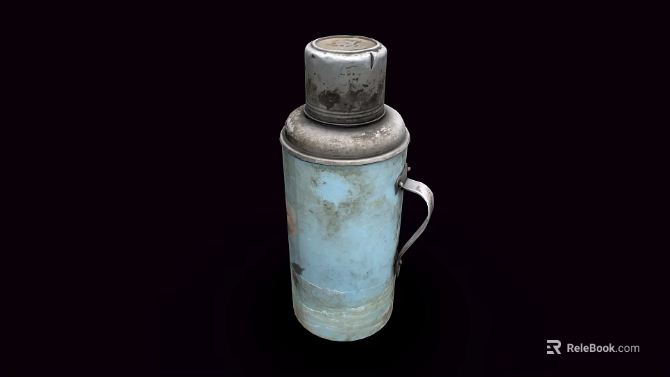 Old Blue Metal Kitchenware Thermos Flask With Handle And Rust Wear Marks 3d model