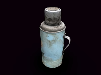Old Blue Metal Kitchenware Thermos Flask With Handle And Rust Wear Marks 3d model
