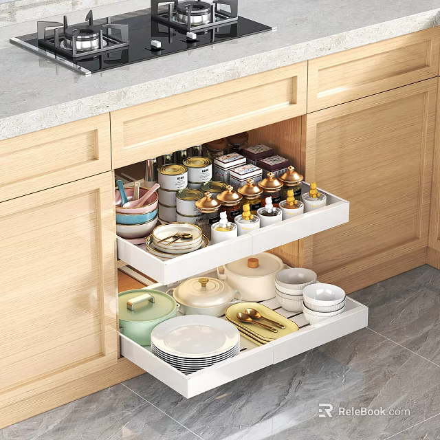Organized Spice Jars In Open Kitchen Drawer With Wooden Cabinets And Dishes 3d model 