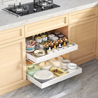 Organized Spice Jars In Open Kitchen Drawer With Wooden Cabinets And Dishes 3d model