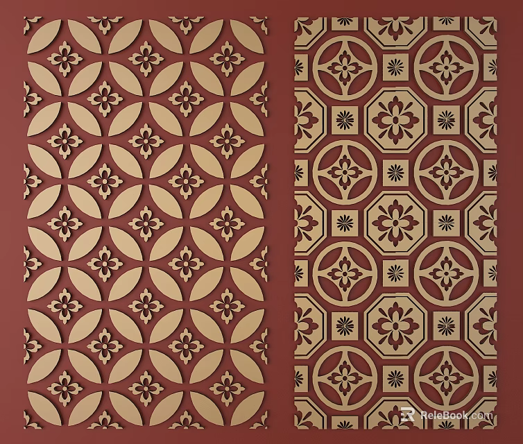 Decorative Carved Patterns Featuring Floral And Geometric Designs On Red Backgrounds 3d model 