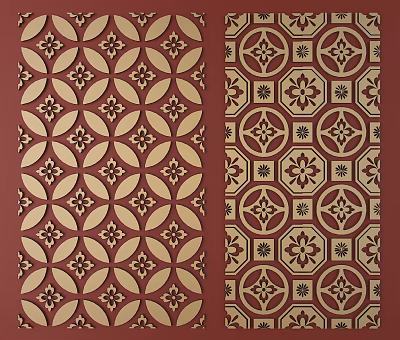 Decorative Carved Patterns Featuring Floral And Geometric Designs On Red Backgrounds 3d model