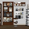 Stylish Wooden Bookcases Displaying Books Art Prints And Decorative Sculptures