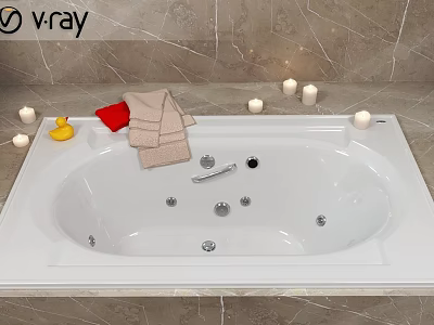 Relaxing Bathtub With Towels Rubber Duck And Candles On Marble Background 3d model