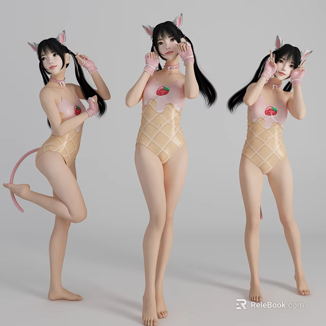 Woman in Strawberry Pattern Bodysuit with Cat Ears and Tail in Different Poses 3d model 