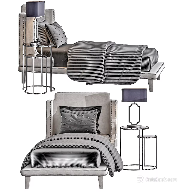 Elegant Double Bed Bedroom With Modern Bedding Striped Pillows And Side Table Lamp 3d model 