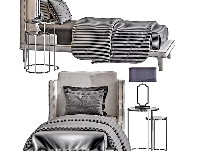 Elegant Double Bed Bedroom With Modern Bedding Striped Pillows And Side Table Lamp 3d model