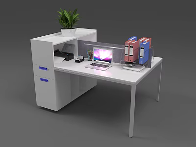 Modern Public Office Space With Desk Laptop Printer Potted Plant And Drawers 3d model