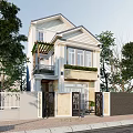 Elegant Two Story Detached Villa Exterior With Decorative Gate Driveway And Trees