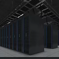 Modern Public Office Space With Black Server Racks Blue Lights And White Floor Structure 3d model