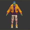 Masked Character Wearing Yellow Puffer Jacket With Biohazard Symbols On Pants And Orange Shoes
