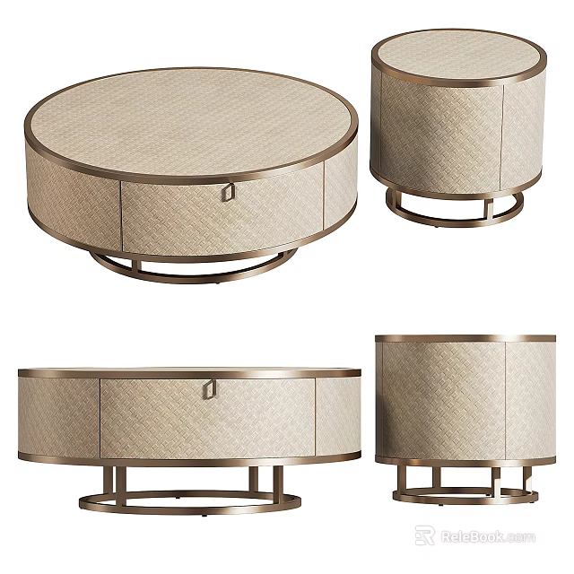 Stylish Round Coffee Table Set With Woven Surface And Metal Base Drawer Design 3d model 