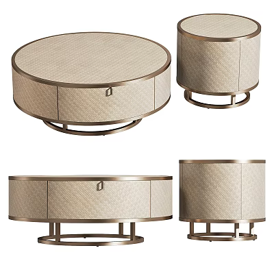 Stylish Round Coffee Table Set With Woven Surface And Metal Base Drawer Design 3d model