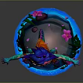 Colorful Animated Game Character With Blue Hair Purple Headdress Orange Outfit And Petal Base