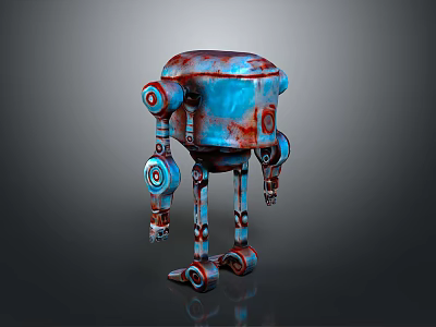 Blue And Red Mechanical Robot Character With Weathered Texture And Jointed Limbs 3d model