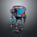 Blue And Red Mechanical Robot Character With Weathered Texture And Jointed Limbs