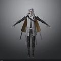 Character Model With White Hair Black White Outfit Brown Cloak Swords Waist Arms Outstretched