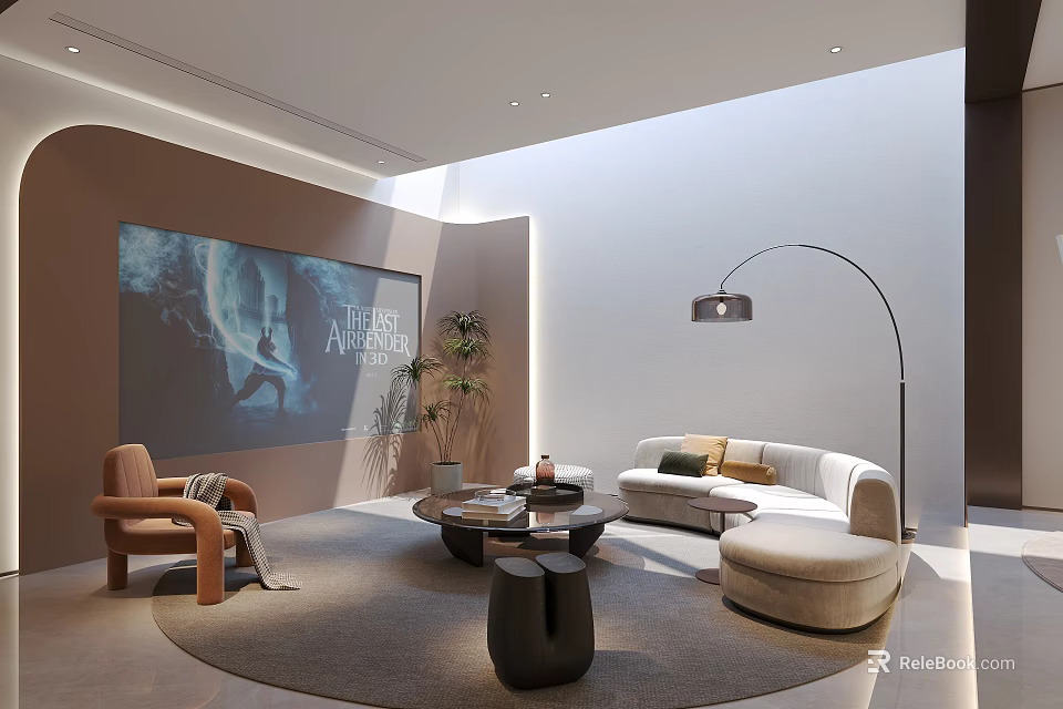 Home Theater Interior Design With Cozy Sofa Floor Lamp And Round Coffee Table 3d model 
