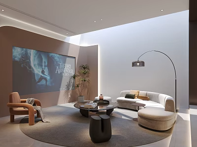 Home Theater Interior Design With Cozy Sofa Floor Lamp And Round Coffee Table 3d model
