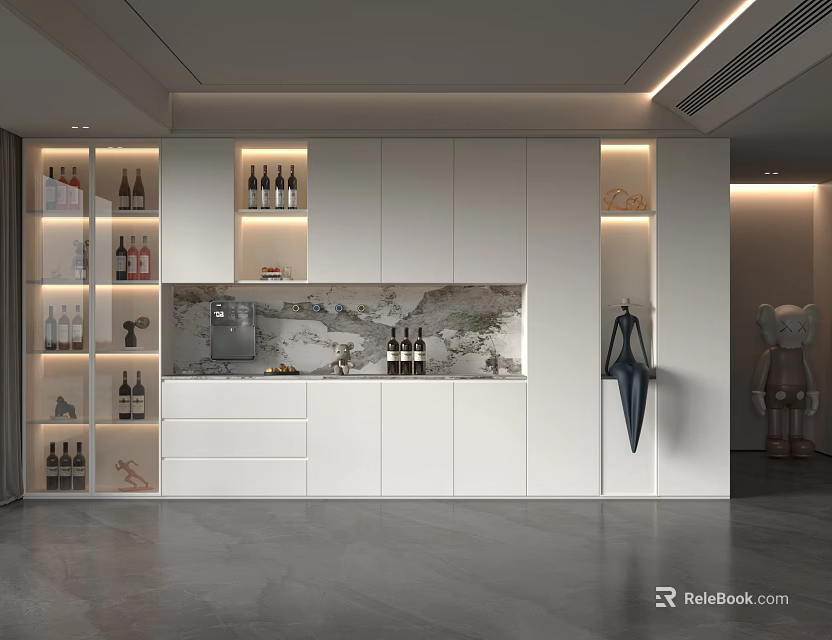 Modern White Sideboard With Wine Storage Decorative Items And Built In Lighting 3d model