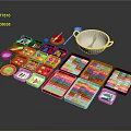 Colorful Assorted Food Ingredients Arranged in Trays with Metal Cooking Pot