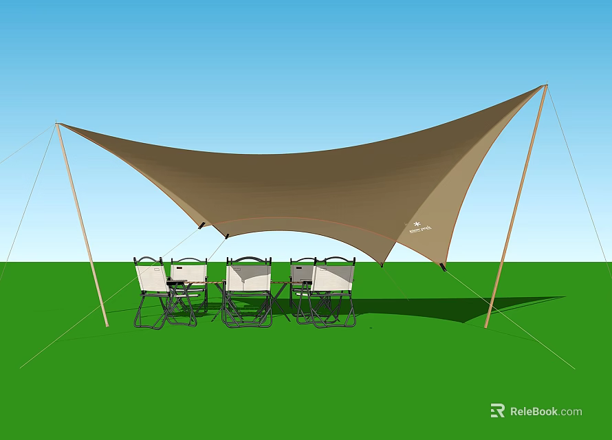 Outdoor Sunshade Tent with Chairs and Table on Green Grass Under Blue Sky 3d model 