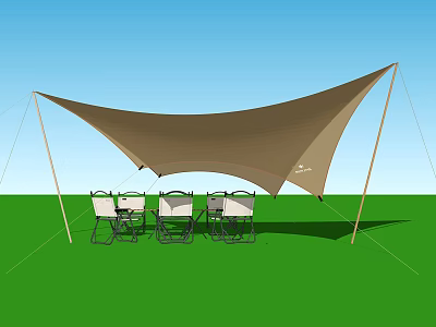 Outdoor Sunshade Tent with Chairs and Table on Green Grass Under Blue Sky 3d model