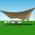 Outdoor Sunshade Tent with Chairs and Table on Green Grass Under Blue Sky