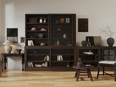 Dark Wooden Sideboard With Storage Shelves And Decorative Items In Living Room Interior 3d model