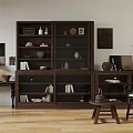Dark Wooden Sideboard With Storage Shelves And Decorative Items In Living Room Interior