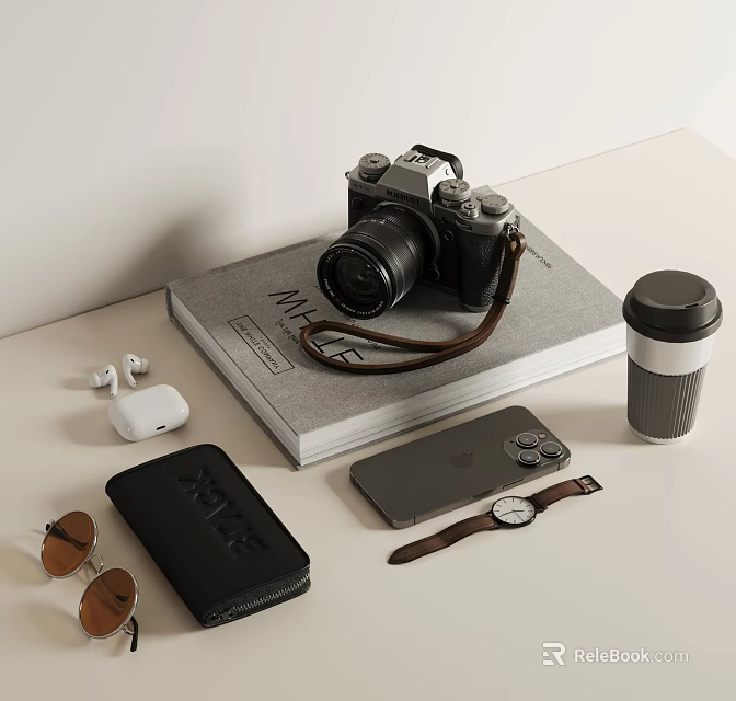 Modern Decorative Ornament Set with Camera Book Coffee Mug Earbuds Wallet Watch Sunglasses on Tabletop 3d model 