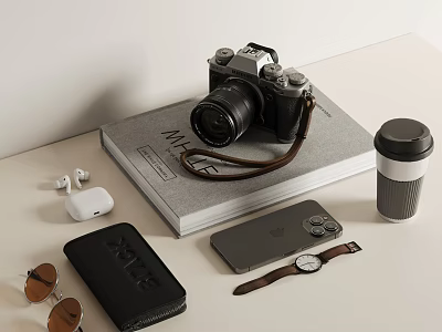 Modern Decorative Ornament Set with Camera Book Coffee Mug Earbuds Wallet Watch Sunglasses on Tabletop 3d model