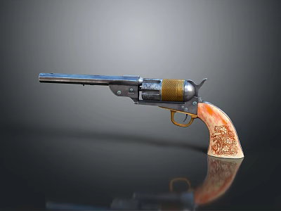 Vintage Revolver With Chrome Plated Barrel Carved Wooden Grip And Brass Cylinder 3d model