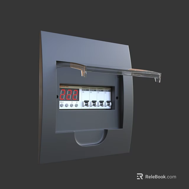 Dark Gray Electrical Switch Panel With Open Transparent Cover Internal Circuit Breakers And Digital 3d model 
