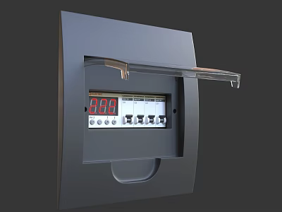 Dark Gray Electrical Switch Panel With Open Transparent Cover Internal Circuit Breakers And Digital 3d model