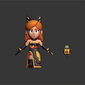 3D Animated Game Movie Character with Orange Hair Cat Ears Black Yellow Outfit and Blaster