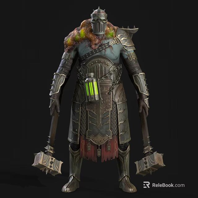 Armored Fantasy Character With Symbiotic Creature Moss And Double Battle Axes 3d model 