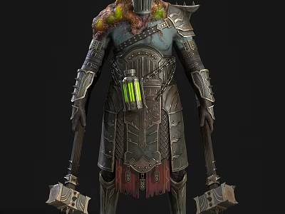 Armored Fantasy Character With Symbiotic Creature Moss And Double Battle Axes 3d model