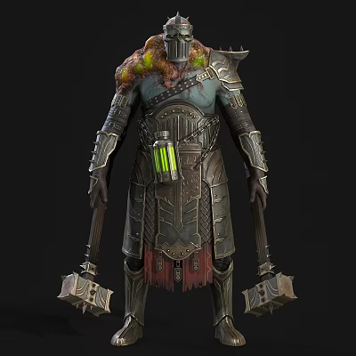 Armored Fantasy Character With Symbiotic Creature Moss And Double Battle Axes 3d model