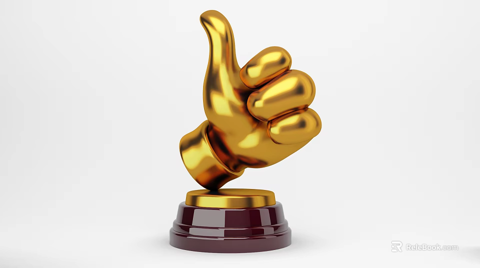 Golden Hand Shaped Thumb Trophy With Red Wooden Base And Shiny Finish 3d model 