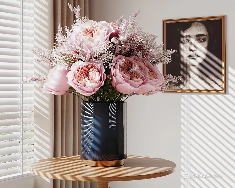 Modern Decorative Arrangement With Black Vase Pink Peonies And Framed Painting On Round Table 3d model 